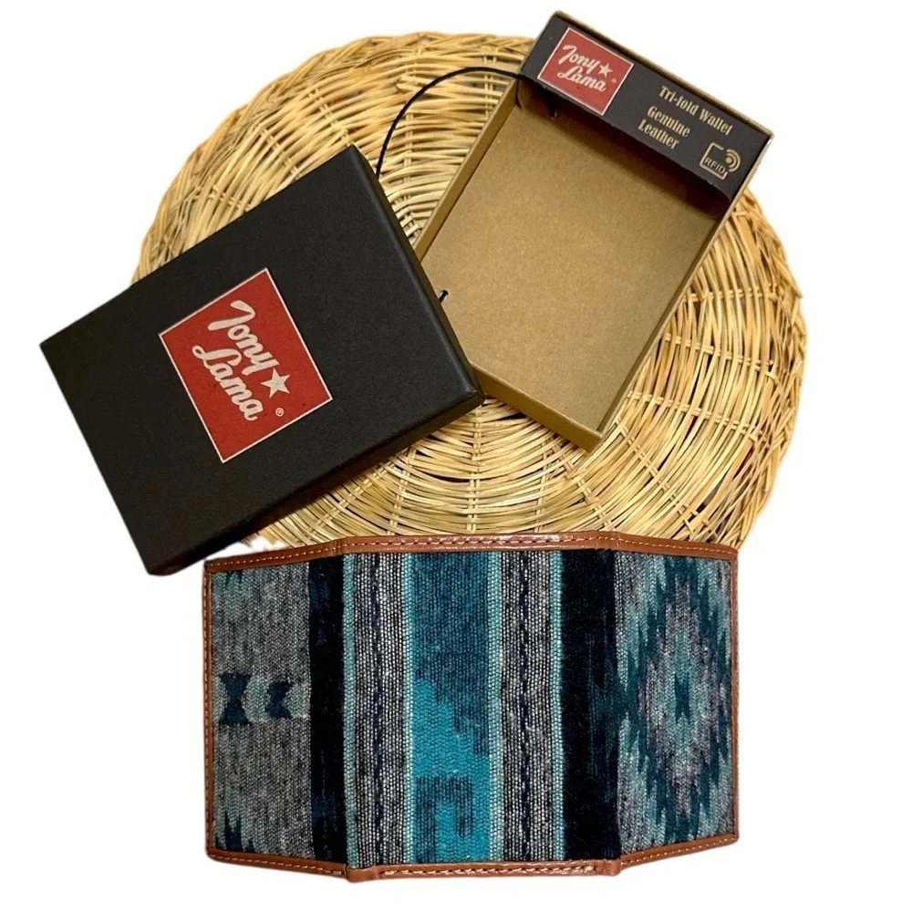 New Tony Lama Tri-Fold Wallet RFID Blue Aztec Canvas Leather Cowboy Western